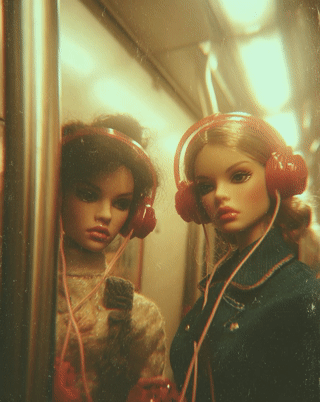 Two surreal fashion dolls on a subway train listening